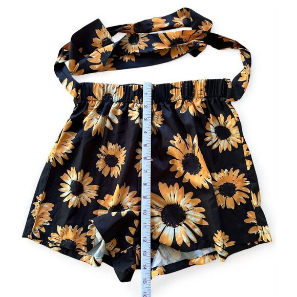 Shein Sunflower Shorts Black Gold Daisy Elastic Waist Belted Tie Front JR SZ XS - Picture 7 of 8